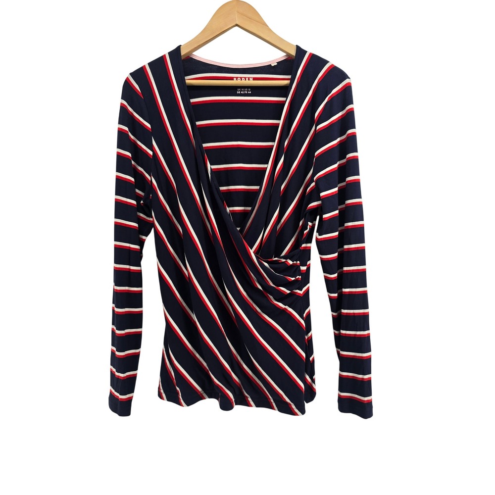 Boden Top Womens 12 T1540 Faux Wrap Navy Blue Red Striped Ruched EUC